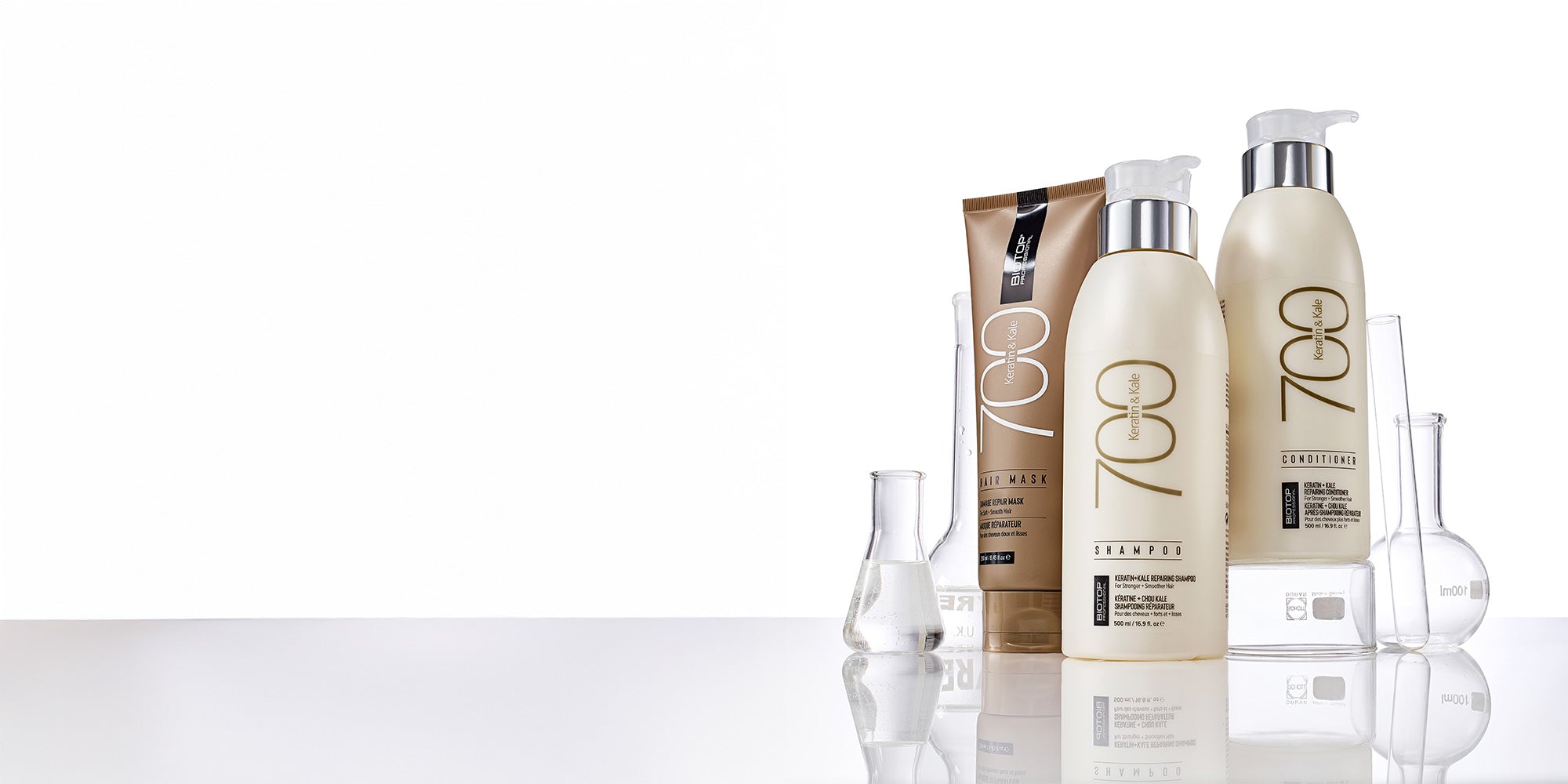 700 Keratin and Kale products with pH2O balanced water on a white background
